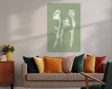 Witte bloemen in retrostijl. Moderne botanische minimalistische kunst in pastel saliegroen van Dina Dankers