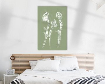 White flowers in retro style. Modern botanical minimalist art in pastel sage green by Dina Dankers