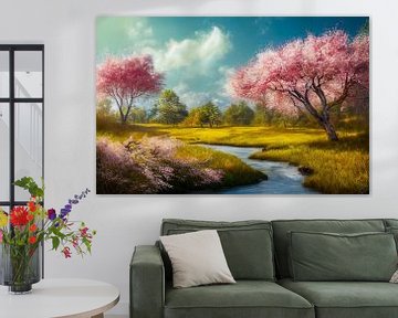 Landschap met rivier en bloeiende kersenbomen schilderij illustratie 02 van Animaflora PicsStock