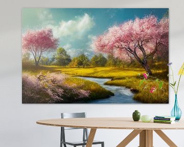 Landschap met rivier en bloeiende kersenbomen schilderij illustratie 02 van Animaflora PicsStock