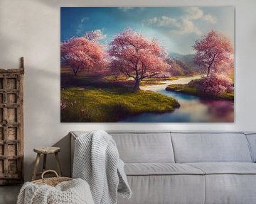 Landscape with river and blossoming cherry trees painting illustration by Animaflora PicsStock