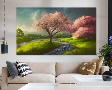 Landschaft mit Fluss und blühenden Kirschbäumen Gemälde Illustration 01 von Animaflora PicsStock