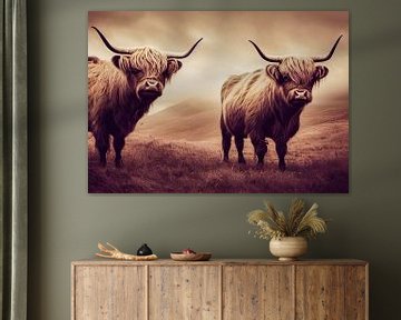 Hooglandse koe en stier, kunstillustratie van Animaflora PicsStock