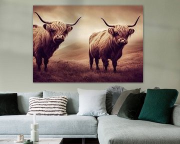 Vache et taureau Highland, illustration d'art sur Animaflora PicsStock