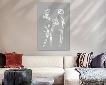 White flowers in retro style. Modern botanical minimalist art in grey. by Dina Dankers