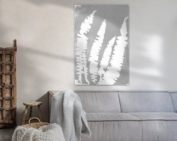 Feuilles de fougère dans un style rétro. Art botanique moderne et minimaliste en gris et blanc. sur Dina Dankers