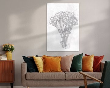 Flowers bouquet in retro style. Modern botanical minimalist art in grey and white by Dina Dankers