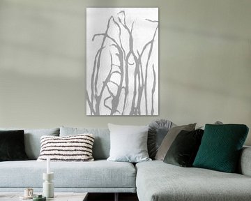 Grijs gras in retrostijl. Moderne botanische minimalistische kunst in grijs en wit van Dina Dankers