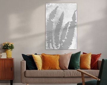 Grijze varenbladeren in retrostijl. Moderne botanische minimalistische kunst in grijs en wit van Dina Dankers
