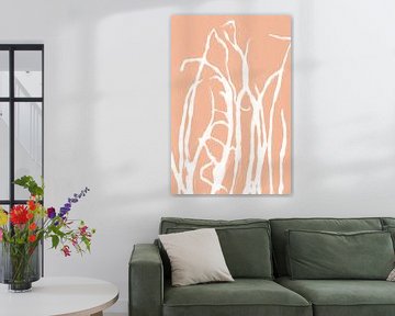 White grass  in retro style. Modern botanical art in light terracotta or pink salmon colo by Dina Dankers