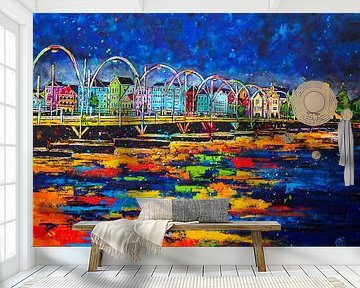 Pontjesbrug Curaçao bij avond van Happy Paintings / Renata Rolefes