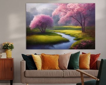 Park met rivier en bloeiende bomen in het voorjaar Illustratie 01 van Animaflora PicsStock