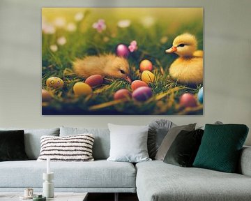 Leuke Paaskuikens in een weide met paaseieren Illustratie van Animaflora PicsStock