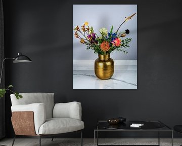 bouquet of flowers in golden vase by Marjolein van Middelkoop