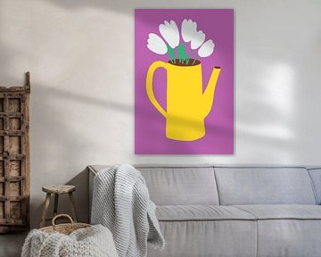 Abstract still life with yellow watering can and white tulips by Milky Fine Art