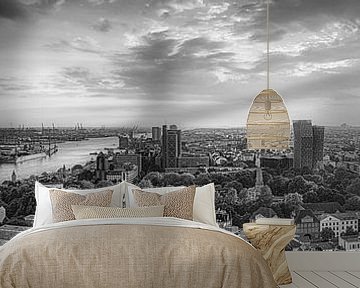 Hamburg skyline at sunset. Black and white image. by Manfred Voss, Black-White Photography