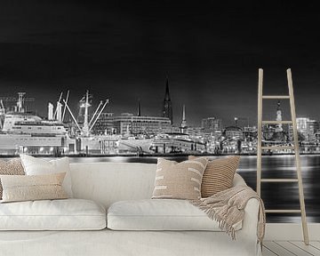 Hamburg Skyline with Speicherstadt in black and white by Manfred Voss, Black-White Photography