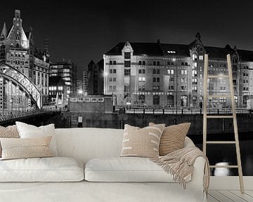 Hamburg Speicherstadt in the evening in black and white by Manfred Voss, Black-White Photography