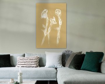 White three flowers in retro style. Modern botanical minimalist art in yellow and white by Dina Dankers