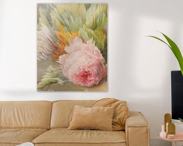 Moderne abstracte botanische kunst. Roos in roze, groen, geel en beige van Dina Dankers