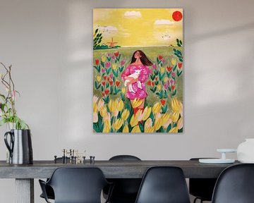 Vrouw in lente tulpen veld van Caroline Bonne Müller
