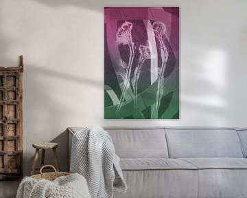 Fleurs des prés. Art géométrique botanique abstrait moderne en rose et vert. sur Dina Dankers