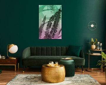 Three brown ferns.  Modern abstract botanical geometric art in pink and green by Dina Dankers