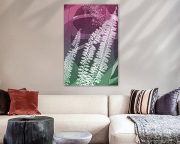 Three white ferns.  Modern abstract botanical geometric art in pink and green by Dina Dankers