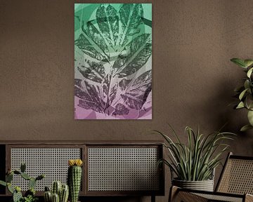 Bladeren.  Moderne abstracte botanische geometrische kunst in roze en groen van Dina Dankers