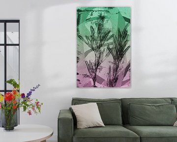 Twee takken.  Moderne abstracte botanische geometrische kunst in roze en groen van Dina Dankers