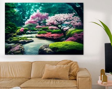 Jardin japonais avec lac et arbres au printemps Illustration