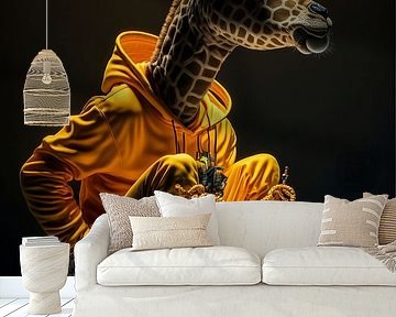 Een giraffe neemt even pauze met sporten