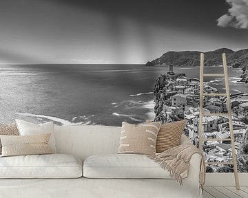 Vernazza Panorama in the Cinque Terre in Italy. Black and white B by Manfred Voss, Black-White Photography