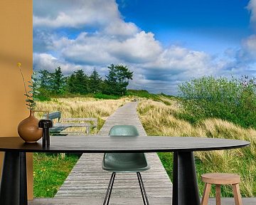 Houten loopbrug door de duinen bij Föhr van Friedhelm Peters