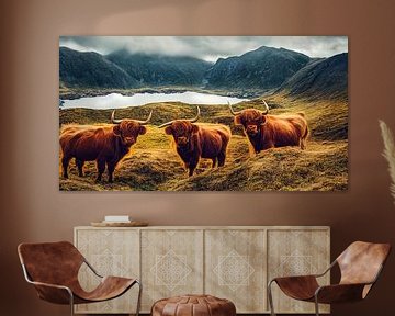 Schots Hooglanders in een weide met bergen Illustratie van Animaflora PicsStock