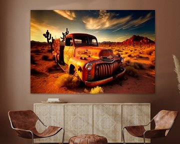 The forgotten car in the Arizona desert at sunset by Vlindertuin Art