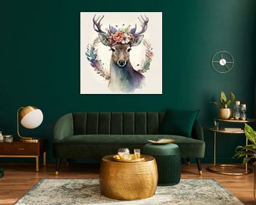 A watercolour of a deer with flowers in its antlers by Vlindertuin Art