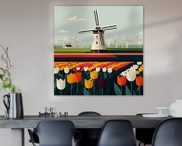 Minimalistisch Nederlands tulpenveld met een molen van Vlindertuin Art