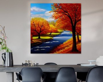 Herfstbomen bij een rivier schilderij van Laly Laura