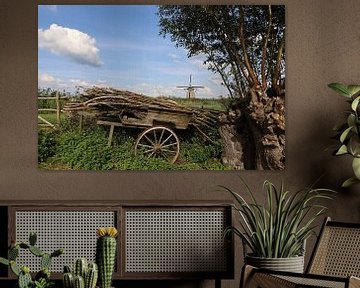 landschap met boerenkar en molen op achtergrond