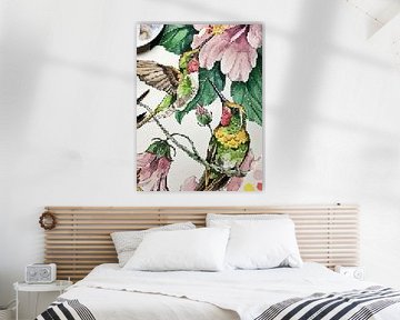 Kleurrijke Kolibries | Een afbeelding van twee kleurrijke kolibries onder roze bloemen in Pixel Art van Wil Vervenne