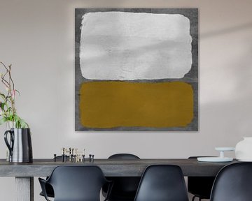 Modern abstract expressionisme. Wit en geel op grijs.