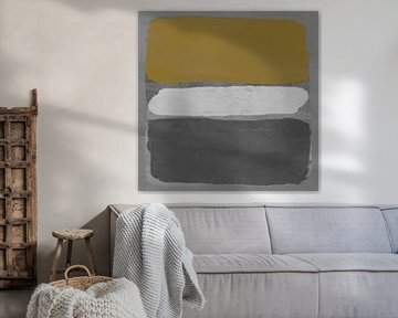 Modern abstract expressionisme. Geel, wit en donkergrijs op grijs. van Dina Dankers