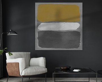 Moderner abstrakter Expressionismus. Gelb, Weiß und Dunkelgrau auf Grau. von Dina Dankers