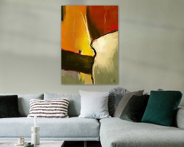 Abstract schilderij met oranje rood en groen van Hella Maas