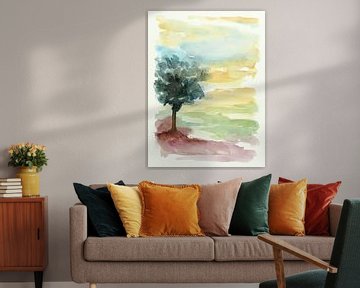 Abstract schilderij boom heide (vrolijk aquarel natuur heuvels zonsopkomst bomen zen mooi landschap)