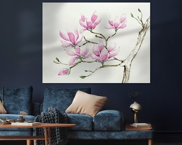 Magnolia in bloei (bloesemtak aquarel schilderij bloemen planten zachte pastel kleuren lente natuur) van Natalie Bruns
