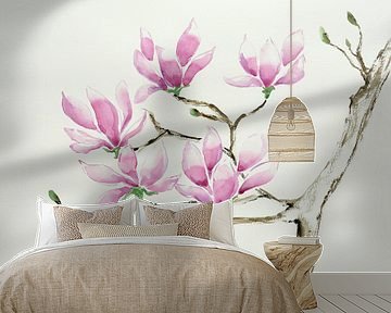 Magnolia in bloei (bloesemtak aquarel schilderij bloemen planten zachte pastel kleuren lente natuur) van Natalie Bruns