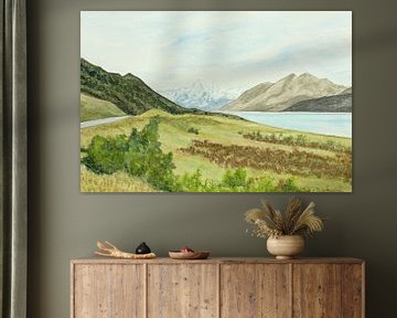 De weg naar Mount Cook Nieuw Zeeland (natuur reizen realistisch aquarel schilderij landschap bergen) van Natalie Bruns