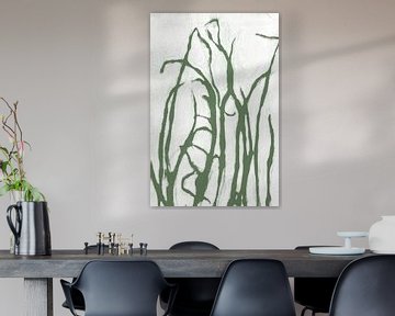 Gras in retro stijl. Moderne botanische minimalistische kunst in wit en groen van Dina Dankers